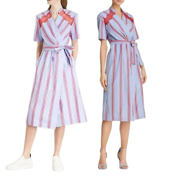 SANDRO Paris Mellow Stripe Blue Red Wrap Midi Shirt Dress Lace Inserts Size S - Picture 1 of 15